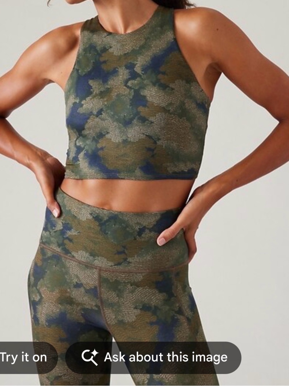 Athleta Green & Blue Camo High Neck Crop Sports Bra and legging set